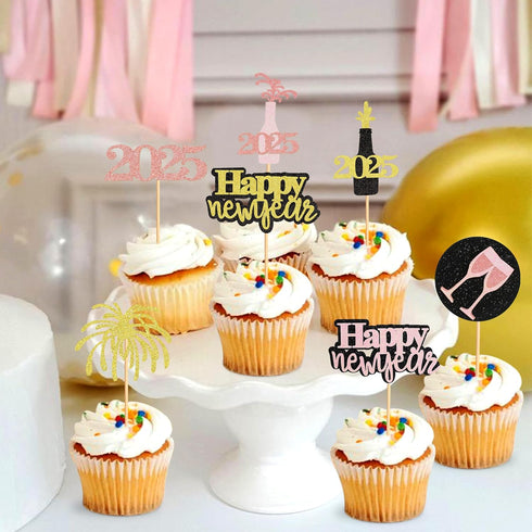 24 Pcs Happy New Year Cupcake Toppers, Glitter Rose Gold and Gold, Cheers to 2025 Decoration