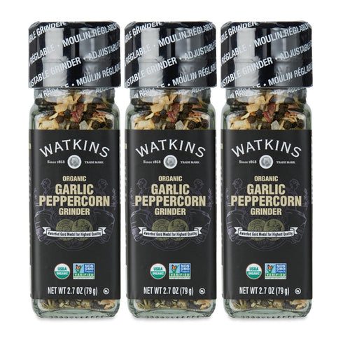 Watkins Organic Grinder, Garlic Peppercorn, 2.7 Ounce, 3-Pack