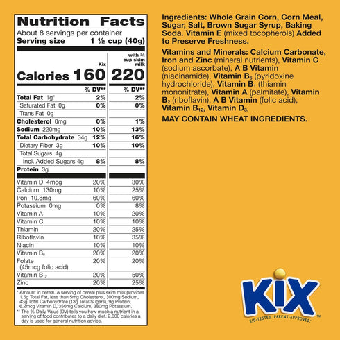 12 oz Kix Whole Grain Breakfast Cereal, Crispy Corn Cereal Puffs