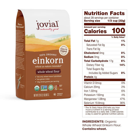 Jovial Einkorn 100% Organic Einkorn Baking Flour Variety Pack (All Purpose Flour & Whole Wheat Flour) - High Protein, Non-GMO, USDA Certified Organic, Product of Italy - 32 Oz, 2 Pack