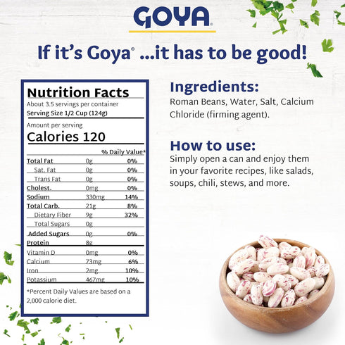 Pack 2 (15.5 oz Goya Roman Beans, Creamy and Smooth Frijoles Romanos, Pantry Staple, of Cans)
