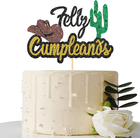 Black Glitter Feliz Cumpleaños Cake Topper, Spanish Happy Birthday Cake Topper for Adults/Teen's Birthday Party