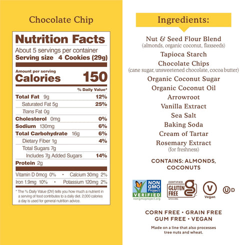 (Packaging Simple Mills Almond Flour Chocolate Chip Cookies, Gluten Free and Delicious Crunchy Cookies, Organic Coconut