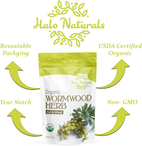 Halo Naturals 4 Packaged (Pack 1) Organic Wormwood Herb Cut & Sifted, Ounces (Artemisia Absinthium) USDA Certified