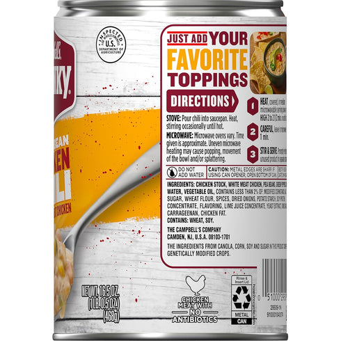16.5 oz (Pack 12) Campbells Chunky White Bean Chicken Chili, Can