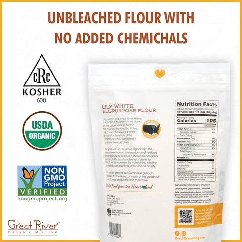 2 Lb (Pack 4) Great River Organic Milling Lily White Organic All-Purpose Flour | Unbleached & Unbromated | Non-GMO