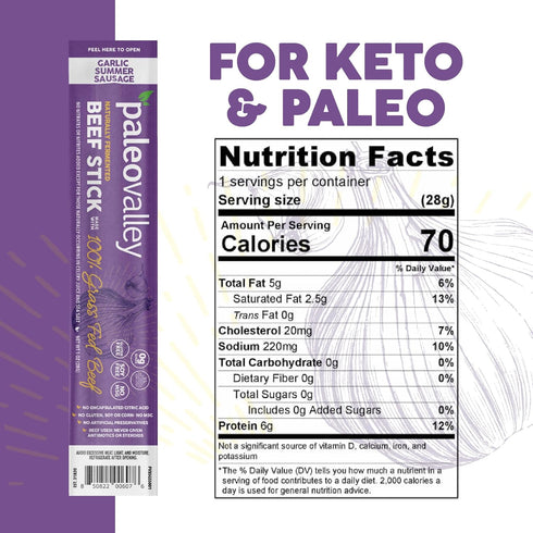 100% Summer Paleovalley Grass Fed Garlic Sausage Beef Sticks - Delicious Gluten Free Beef Snack - High Protein Keto