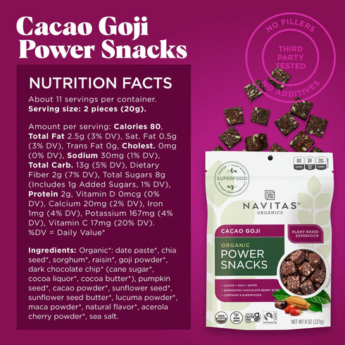 Navitas Organics Superfood Power Snacks, Cacao Goji, 8 oz. Bag, Organic, Non-GMO, Gluten-Free