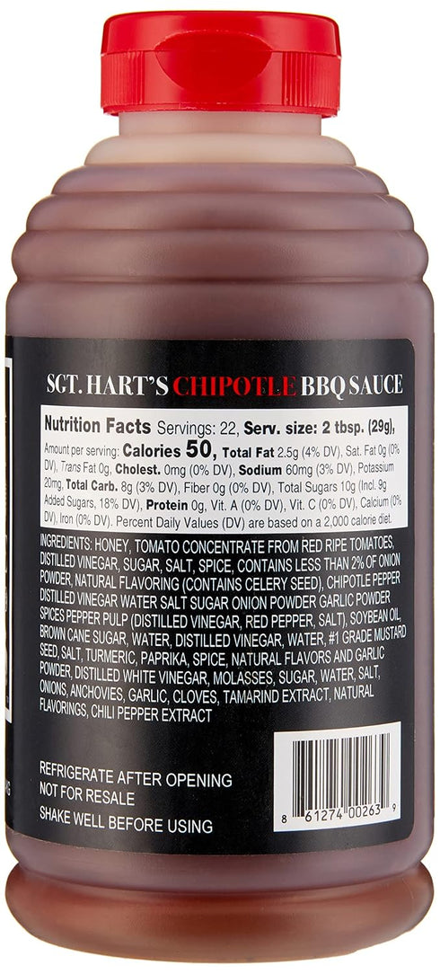 22.04 OZ SGT. Harts Chipotle Flavor BBQ Sauce - | Barbecue Sauce for Chicken, Beef, Pork, Seafood, Noodles, Burgers