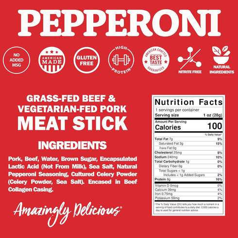 100 1oz, 24 Pack Field Trip Grass Fed Pepperoni Jerky Snack Sticks, Keto, Paleo, Gluten Free, Allergy Friendly Snack