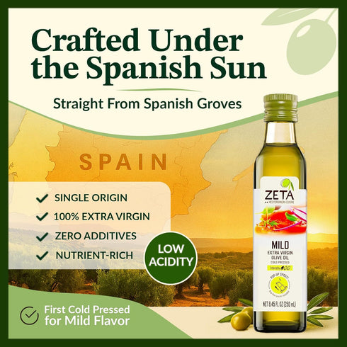Zeta 8.5 oz (3 Pack) Extra Virgin Olive Oil, fl | Premium Glass Bottle with Pop-Up Spout | Cold-Pressed | Product
