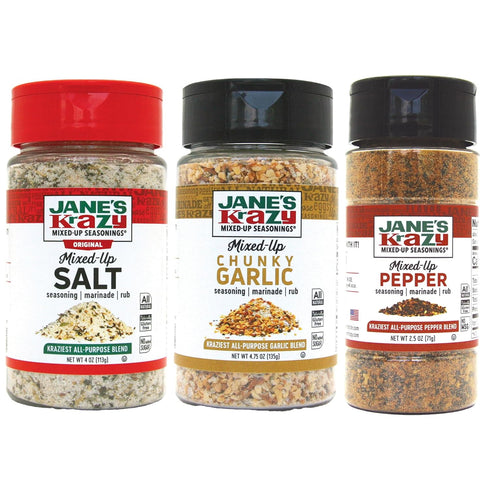 Jane's Krazy Mixed Up Seasonings Variety Pack of 3 - Mixed-Up Salt, Pepper, and Garlic