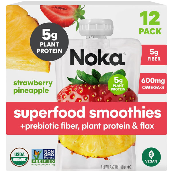 Noka Superfood Fruit Smoothie Pouches, Strawberry Pineapple, Healthy Snacks with Flax Seed,