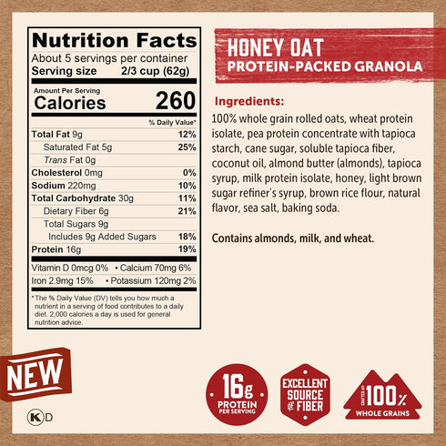 100% (Pack 5 Kodiak Cakes Granola, Honey Oat, High Protein, Whole Grains of pouches)
