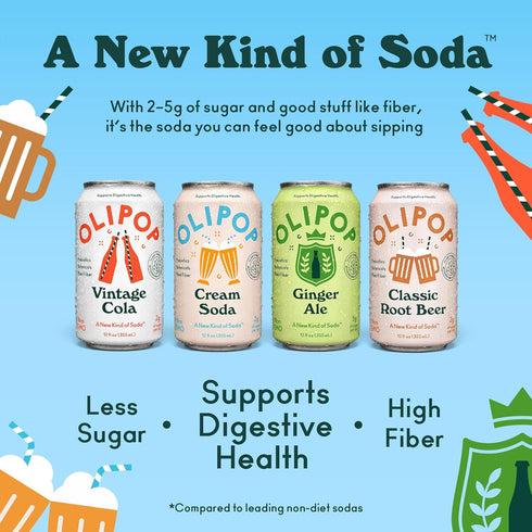 Pack Packed 12oz (12-Cans) OLIPOP Prebiotic Soda Pop, Classic Soda Variety, Pantry with Prebiotics, Fiber