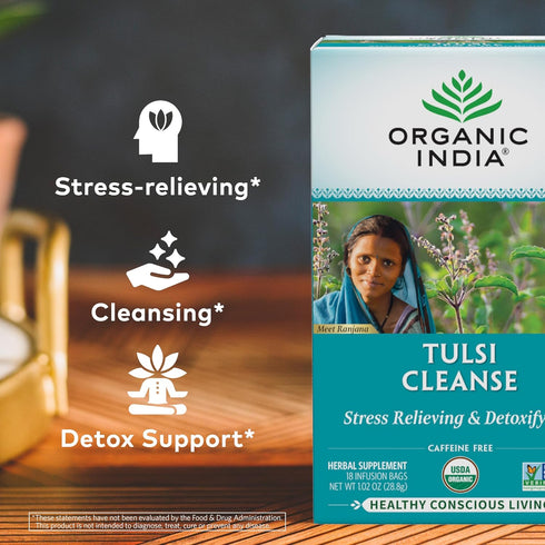 Immune 18 6 Pack Organic India Tulsi Cleanse Detox Tea - Holy Basil, Ginger, Turmeric, Herbal Tea, Stress Relieving