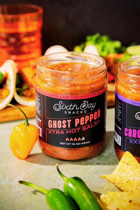 16 oz Sixth Day Snacks Ghost Pepper Xtra Hot Salsa | Intense Heat with Real Flavor | Small Batch, Clean Ingredients |