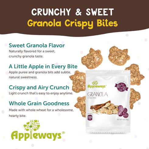 1 oz 20 Count Appleways Whole Grain Granola Bites, - Crispy Nut Free Snacks for Office, School, Work & Grab-and-Go