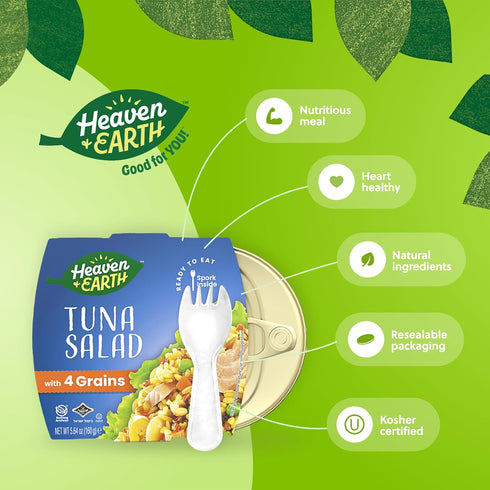 5.64oz (4 Pack) Packed Heaven & Earth Ready to Eat Tuna Salad, Beans & Four Grains, | Tuna in Olive Oil. Beans, Wheat
