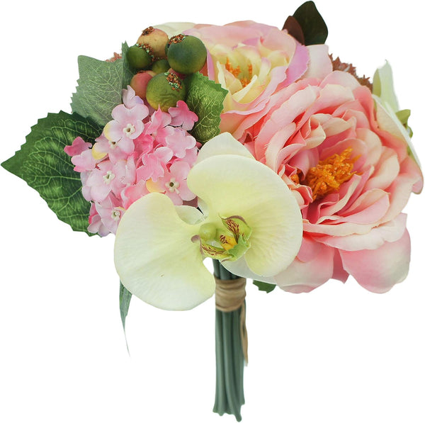 8" Artificial Mix Roses Hydrangeas Orchids Wedding Bouquet Centerpiece (1, Pink)