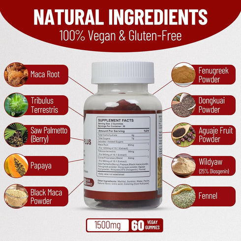 Gummies 1500mg, 60 Count Maca Plus Curves, Energy & Skin Health Support with Black Maca Root & Dong Quai, Mixed Fruit