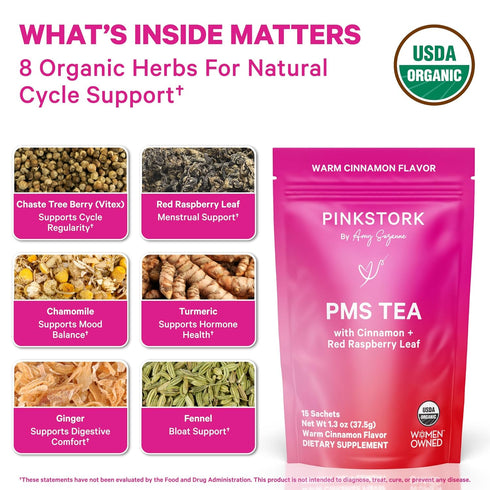 8 15 Pink Stork Organic PMS Tea for Hormone Balance, Mood Swings, Bloating, and Period Regularity - Herbs - Vitex, Red