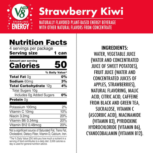 V8 +ENERGY 11.5 OZ (6 Packs 4) Strawberry Kiwi Energy Drink, Made with Real Vegetable and Fruit Juices, FL Can