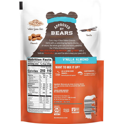 (6 Bear Naked Granola Cereal, Whole Grain Granola, Breakfast Snacks, Vanilla Almond Crisp Bags)