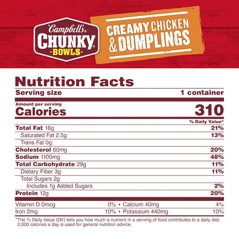 15.25 oz Campbells Chunky Creamy Chicken and Dumplings Soup, Bowl