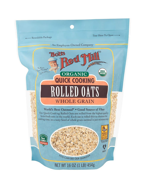 Bob's Red Mill Organic Quick Cooking Rolled Oats, 1 lb, Pack of 2 for Healthy Breakfast