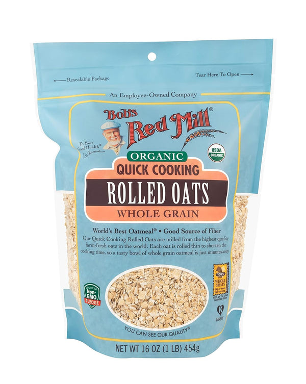 Bob's Red Mill Organic Quick Cooking Rolled Oats, 1 lb, Pack of 2 for Healthy Breakfast