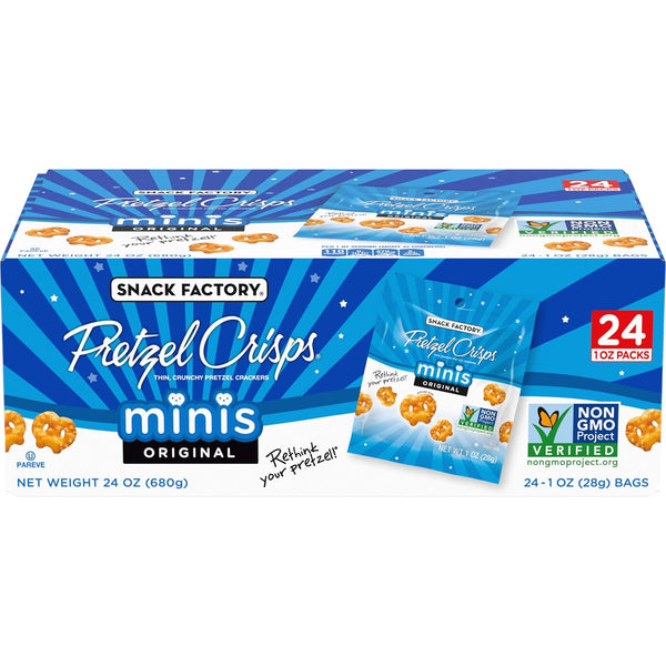 Snack Factory Pretzel Crisps Minis Original Flavor, Snack Packs Individual Sized, 24