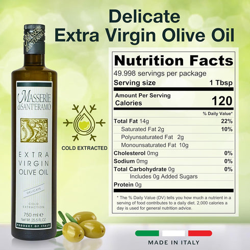 25.5 Oz (Pack 1) Delicate Italian Extra Virgin Olive Oil Cold Pressed - Light Olive Oil for Cooking and Frying