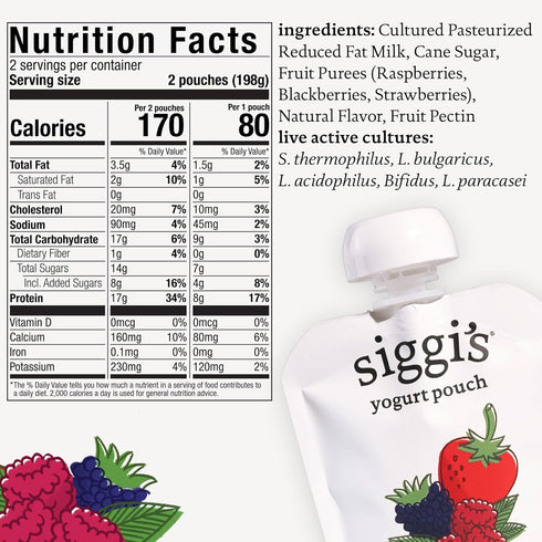 3.5 oz. 4 2% siggi's Kids Lowfat Yogurt Pouches, Mixed Berries, Each, Ct Milkfat