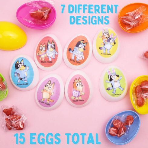 2.47 15 Count Galerie Bluey Plastic Easter Eggs, Red Hard Candy Pouches Inside, Great for Egg Hunts, Ounces