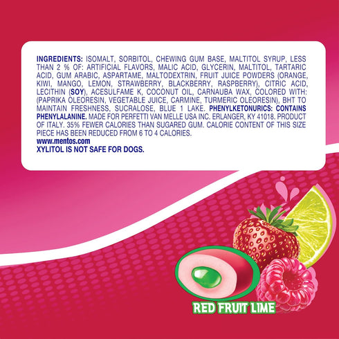 15 Pack (Pack 10) Mentos SugarFree Chewing Gum with Xylitol Piece Bottle Bulk of, Red Fruit & Lime