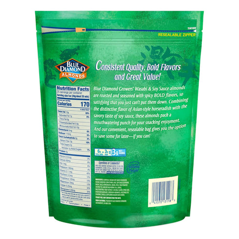 Snacking,25 Oz Bag,(Pack 2) Blue Diamond Almonds,Bold Wasabi & Soy Sauce Flavored Snack Nuts,Bulk Bag,Pantry