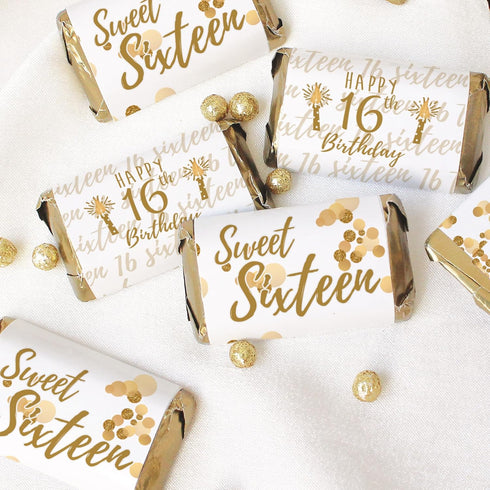 White and Gold Sweet 16 Birthday Party Mini Chocolate Candy Bar Wrappers - 42 Stickers for Sixteen 16th Party Favor