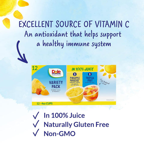 100% 4 oz 12 Count (Pack 2) Dole Pineapple Tidbits and Tropical Fruit in Juice - Dole Fruit Bowls Snacks - Bowls