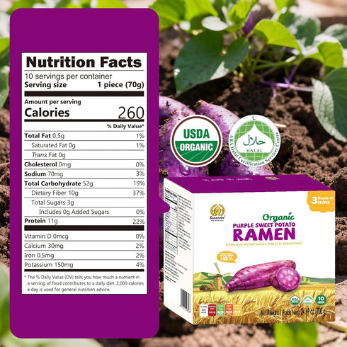 SUNGIVEN 3 2.47 OZ (Pack 10) Organic Ramen Noodles Purple Sweet Potato Healthy Low Sodium Ready in Minutes Non-Fried