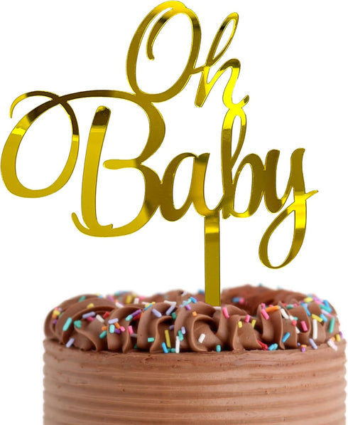 Baby Shower Cake Topper, Larger Size Acrylic Mirror Gold “OH BABY” Sign for New Baby Party Decorations