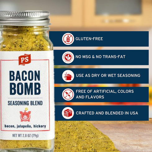 PS Seasoning Bacon Bomb- Jalapeno Hickory Seasoning, All Purpose Bacon Seasoning for Steaks, Pork, Chicken, Beef, Vegetables, Bacon Flavored Seasoning Shaker with Jalapeno, Hickory, and Bacon