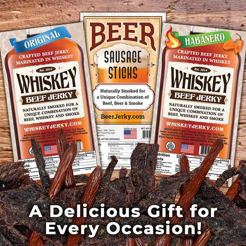 BeerJerky 3-Packs, WhiskeyJerky.com, Beef Jerky and Sausage Sticks Marinated in Whiskey, Variety Jerky Gifts for men