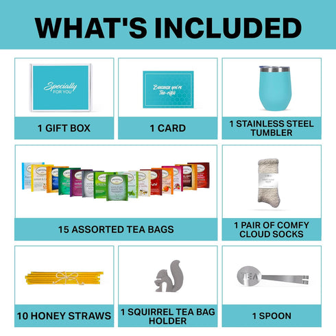 15 Cozy (Cozy Tea Gifts for Women Sampler Gift Basket with Unique Blends, Honey Sticks, Stainless Tumbler, Socks