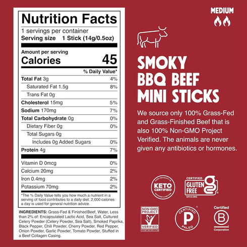 0.5oz 24-Pack Whole30, 4g Chomps Snack Size Grass-Fed and Finished Smoky BBQ Beef Jerky Snack Sticks - Keto, Paleo