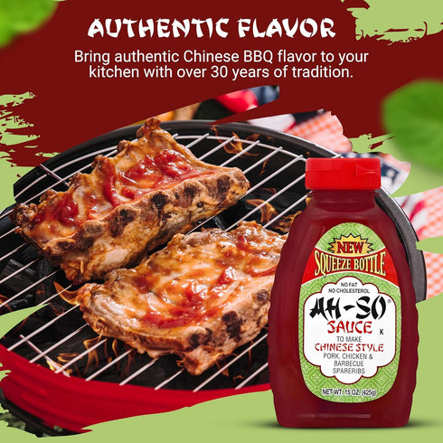 15 oz Ah-So Chinese-Style BBQ Sauce, Red Rib Squeeze Bottle Sweet & Tangy Spare Rib Marinade and Glaze for Pork