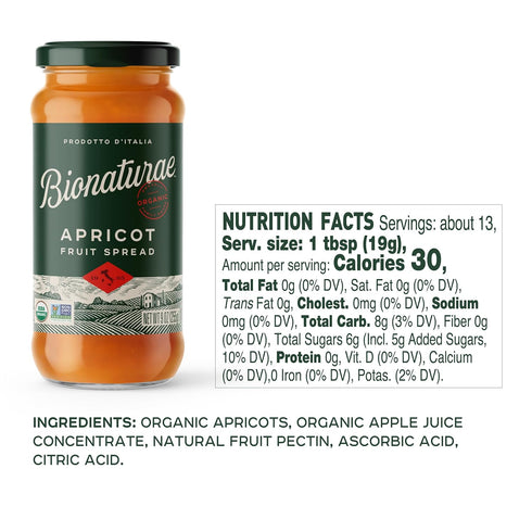 9 Oz, 1 Pack Bionaturae Organic Apricot Fruit Spread - Jelly Organic, Non-GMO, USDA Certified, No Sugar Added, No