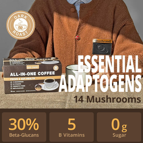 14-Mushrooms, 16 Count Mushroom Coffee K Cup Focus & Gut-Health with Vitamins, L-Theanine and Alpha GPC, Single Serve