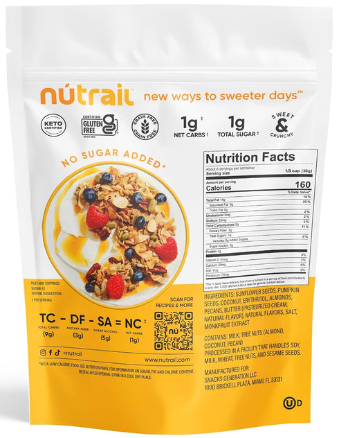 8 oz. 1 Count (Pack 2) NuTrail Nut Granola Cereal, Honey Nut, No Sugar Added, Keto, Low Carb, Gluten Free, Grain Free