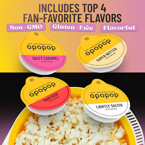 6-Pack 4-Pack Opopop Microwave Popcorn Bundle - Super Butter Pop Cups & Variety Gourmet Kit with Collapsible Silicone